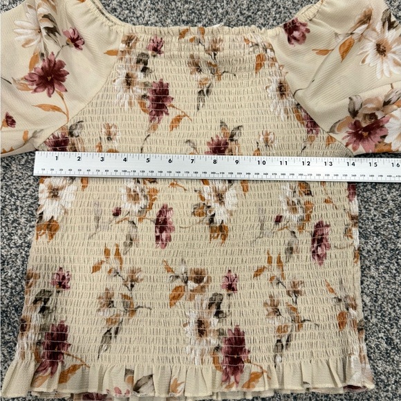 Everly Cream Off the Shoulder Floral Smocked Cropped Balloon Sleeve Fall Blouse - Picture 10 of 10